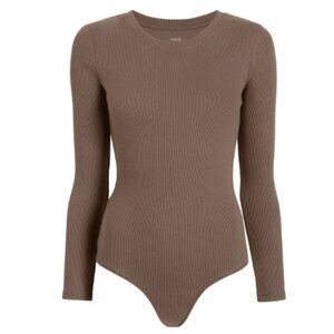 Nuuds Ribbed Mocha Long Sleeve Bodysuit Size Small Casual Fitted Preowned